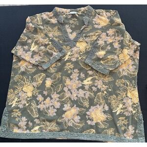 Only Necessities Pull Over Women's Green & Yellow Hawaiian Top V-Neck Size 1X